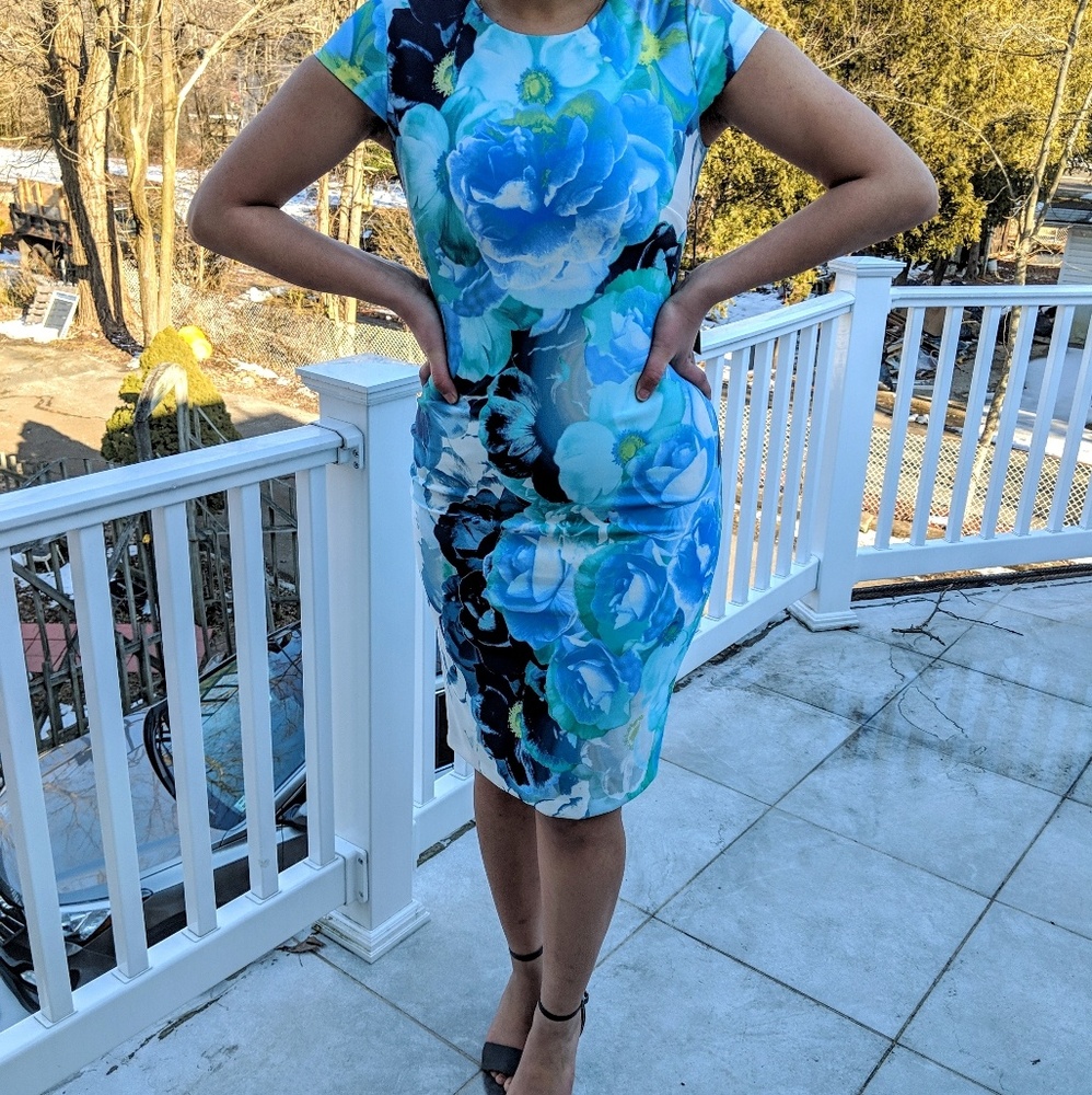 VINCE CAMUTO SPRING FLORAL BLUE DRESS SHORT SLEEVE